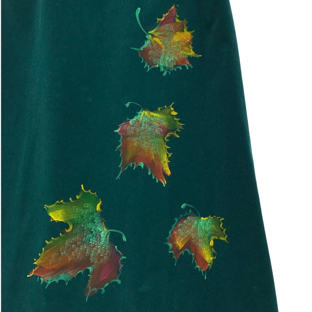 Vintage Italian Made Heavy Weight Green Velvet Skirt Custom Hand Painted Leaves